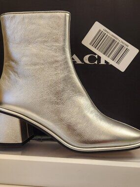 Coach "Gigi" Silver Leather Booties. NIB. Size 7